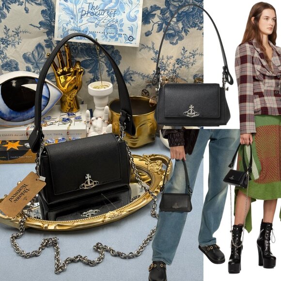 🆕 VIVIENNE WESTWOOD 🧿 NWT Small Black Hazel Bag - Saffiano Leather - Black - Picture 1 of 15